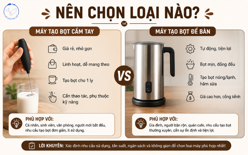 so sánh máy tạo bọt cầm tay và để bàn nên chọn loại nào