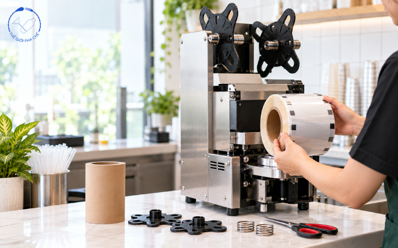 Cách thay cuộn màng máy dập cốc