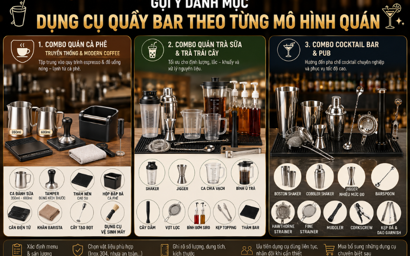 dụng cụ pha chế quầy bar theo từng mô hình quán