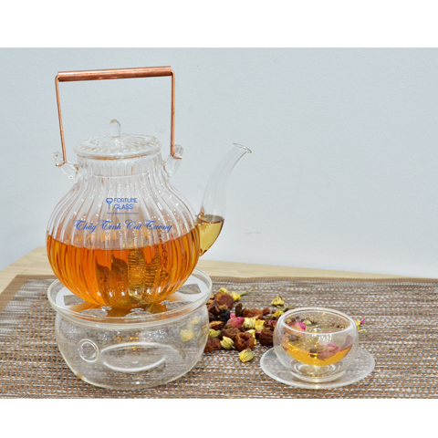 Set ấm tăm quai đồng kèm bếp và tách 2 lớp - SET20