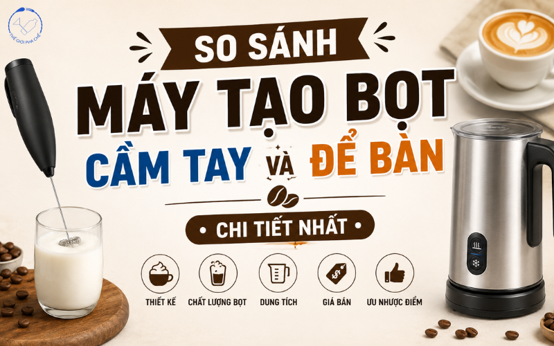 So sánh máy tạo bọt cầm tay và để bàn