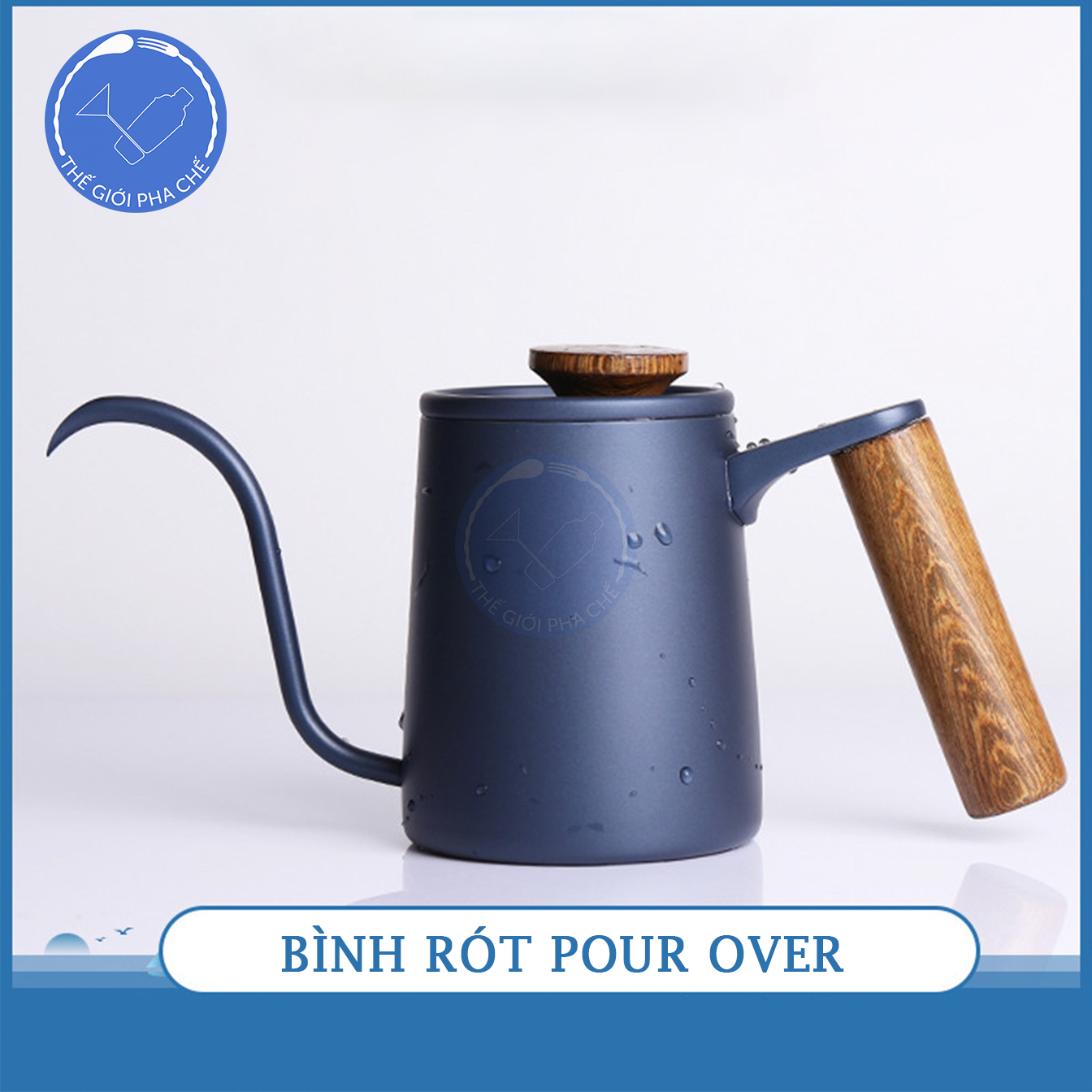 Bình rót café Pour Over xanh đen tay gỗ 600ml