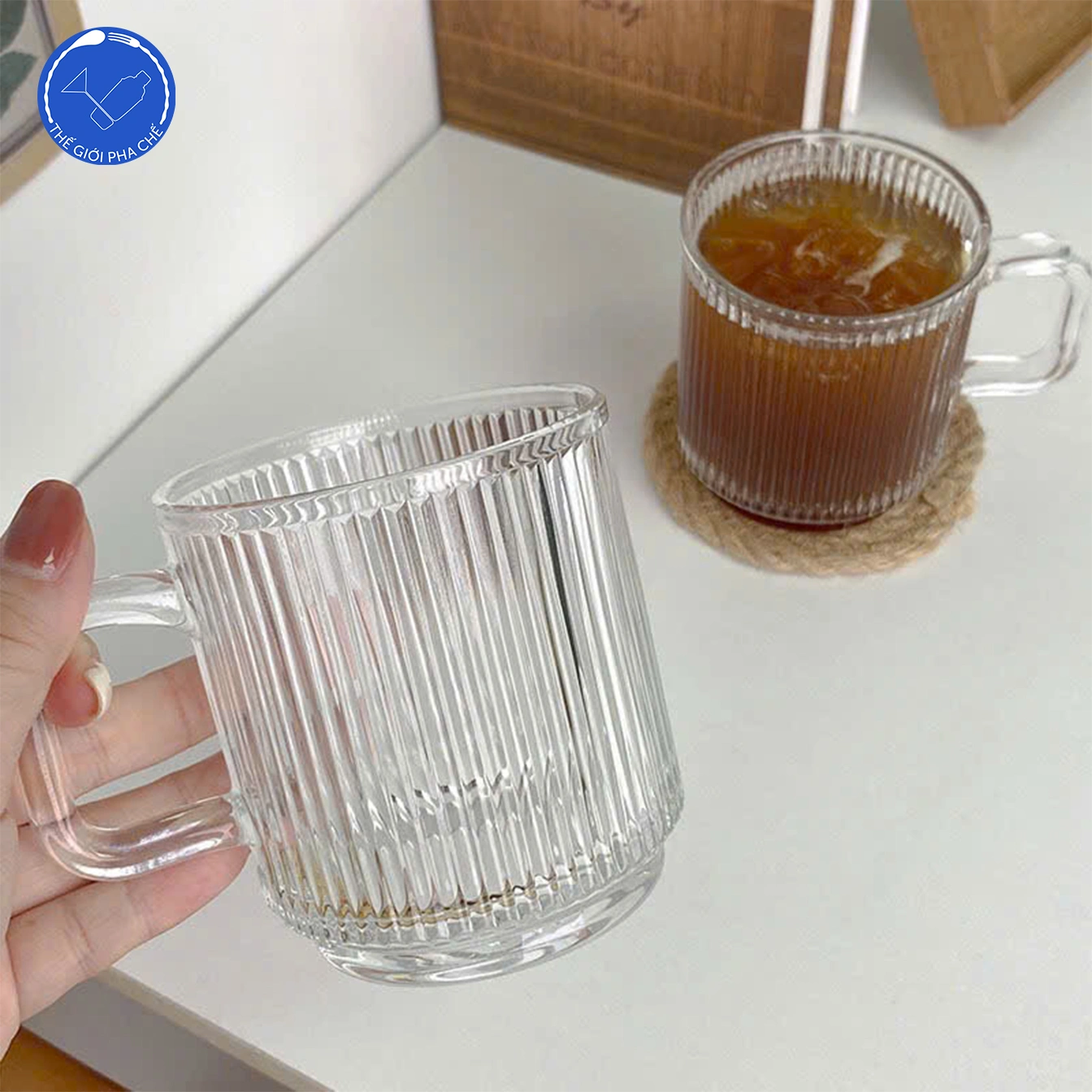 Cốc thủy tinh quai kẻ (Bộ 6c) 330ml - Ch092