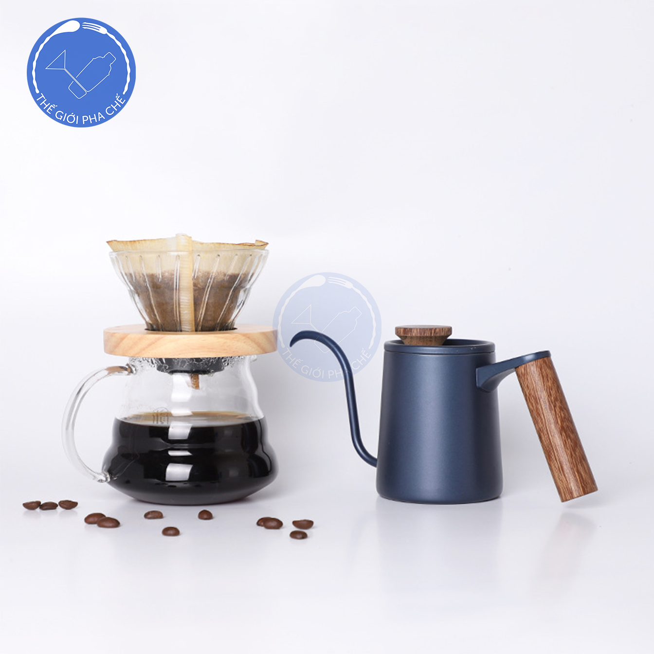 Bình rót café Pour Over xanh đen tay gỗ 600ml - 5
