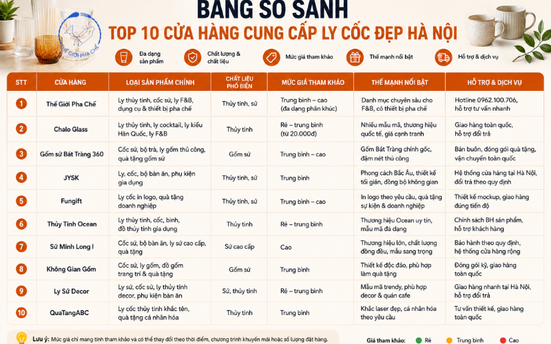 bảng so sánh 10 cửa hàng cung cấp ly cốc đẹp hà nội