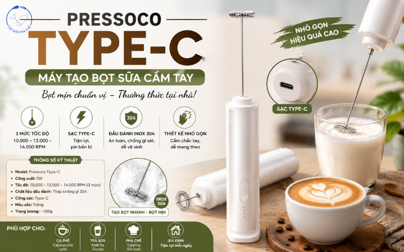 Máy tạo bọt Pressoco Type-C