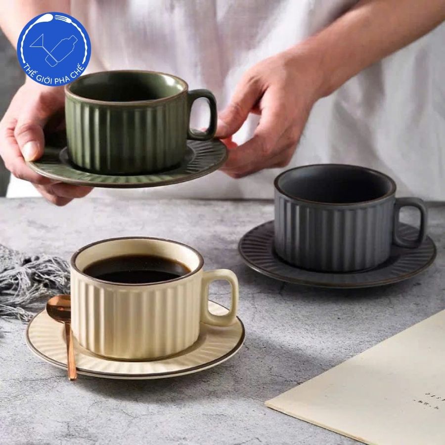 Tách sứ capu đáy vuông kẻ 1 set 1 tách 1 đĩa s0180 220ml